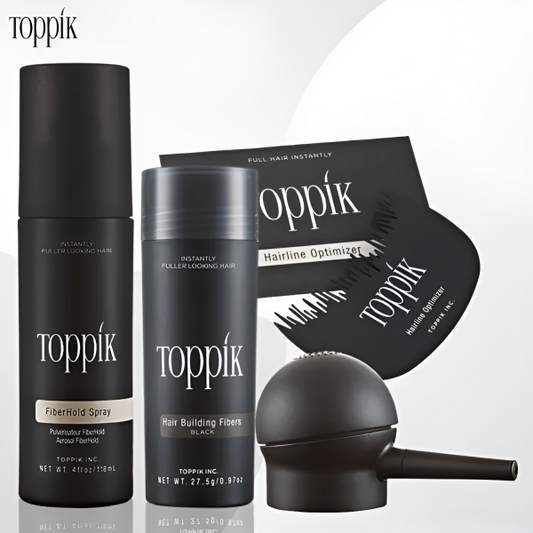 Toppik Hair Building Fiber 4-in-1 Combo Pack. This Set Includes Toppik Hair Fiber, Fiber Hold Spray, A Spray Applicator Pump, And A Hairline Optimizer Comb